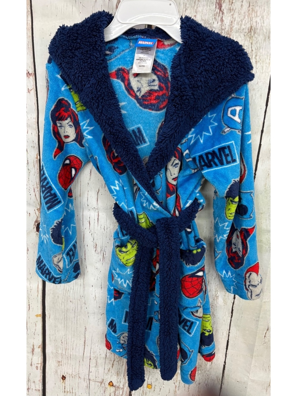 Marvel Avengers Boy’s Fleece Blue Superhero Robe With Waist Tie Size 7 Like New
